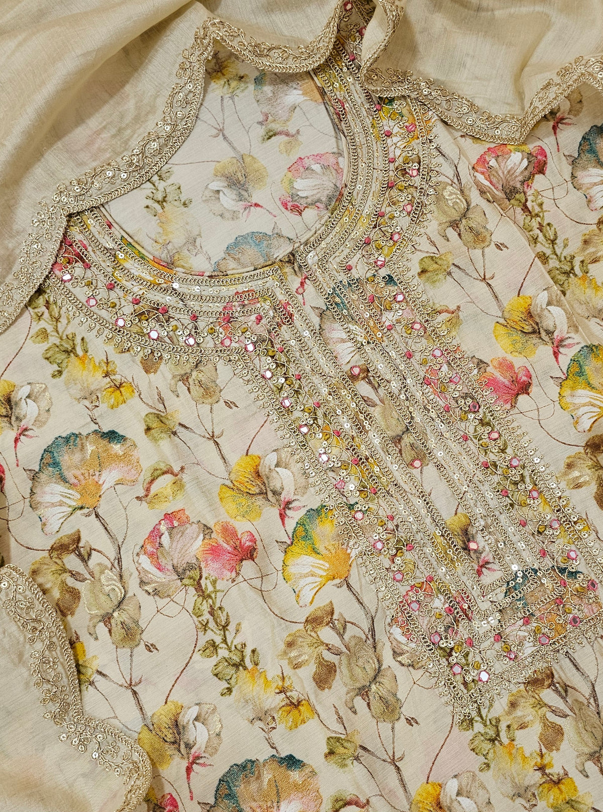 Modal Silk Unstitched Salwar Suit - Cream with Multi Shade Floral Prints