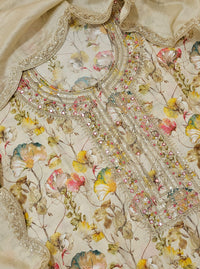 Modal Silk Unstitched Salwar Suit - Cream with Multi Shade Floral Prints