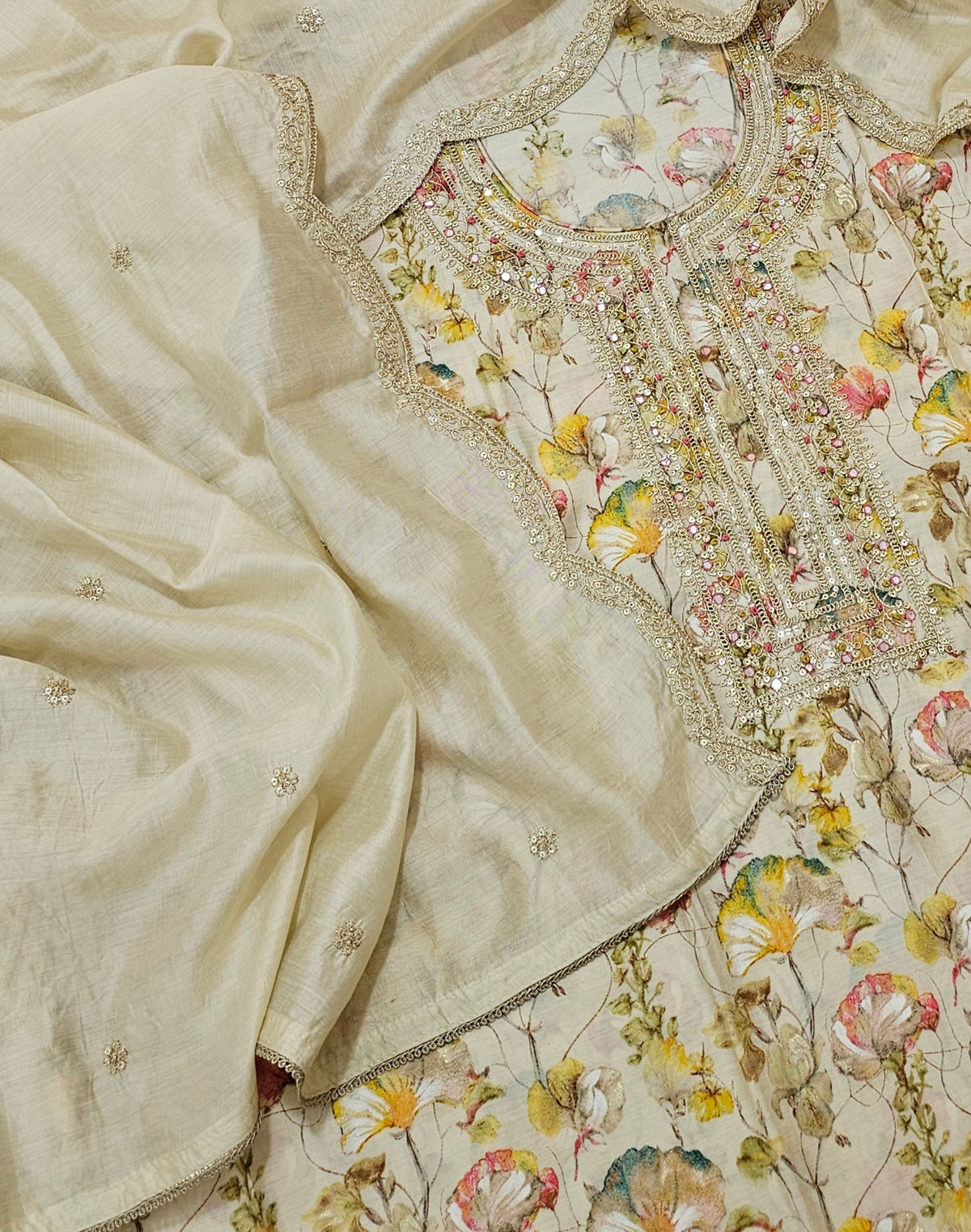 Modal Silk Unstitched Salwar Suit - Cream with Multi Shade Floral Prints