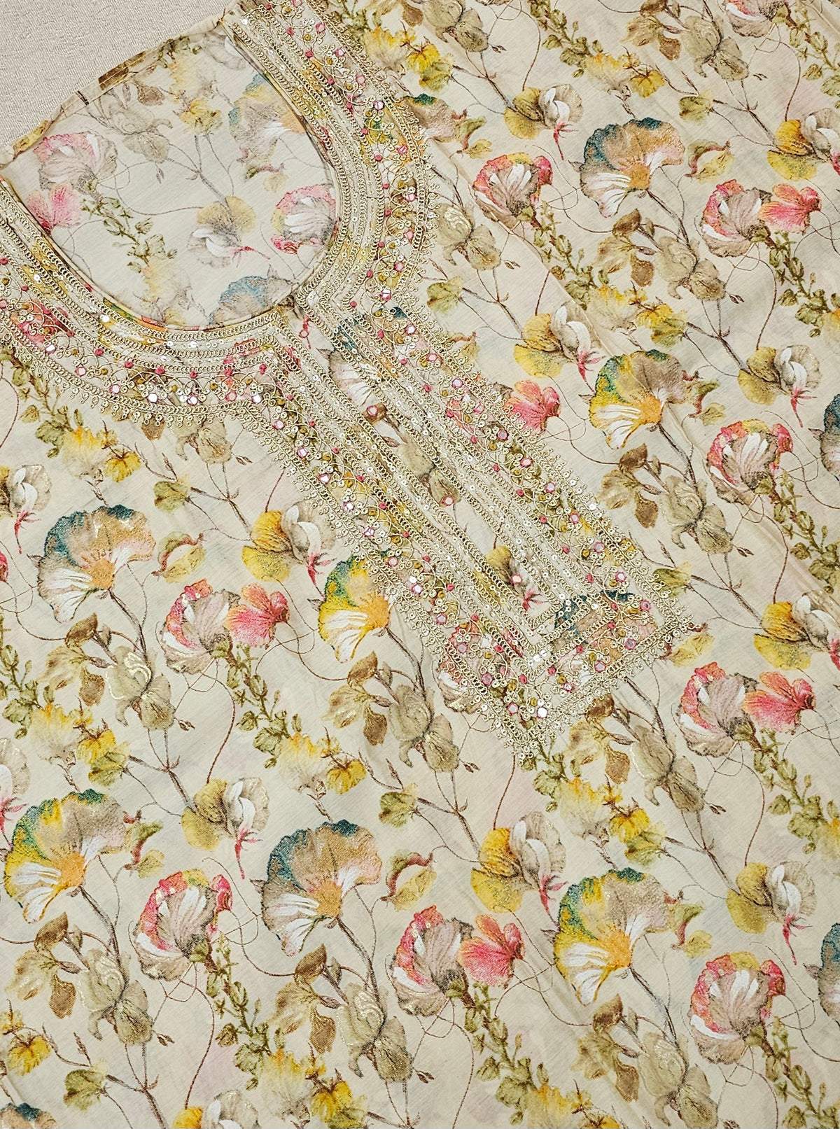 Modal Silk Unstitched Salwar Suit - Cream with Multi Shade Floral Prints