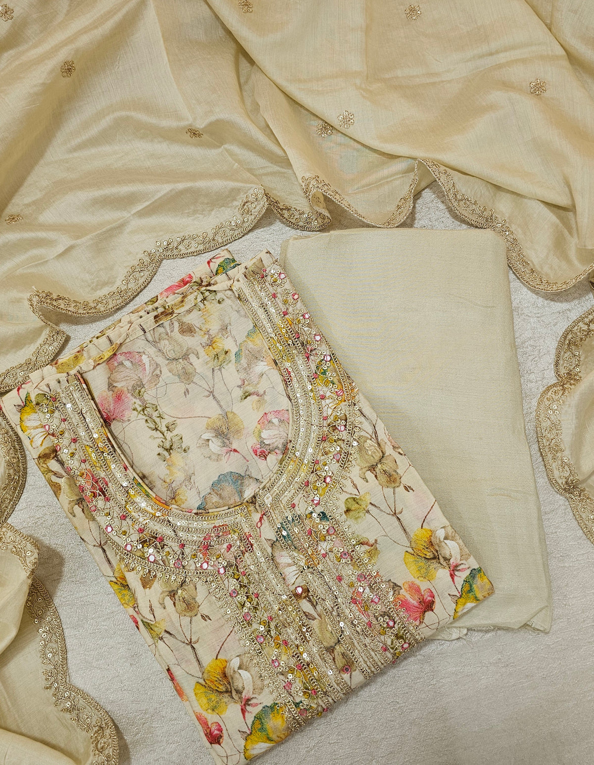 Modal Silk Unstitched Salwar Suit - Cream with Multi Shade Floral Prints