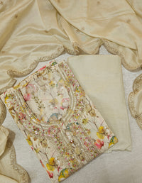 Modal Silk Unstitched Salwar Suit - Cream with Multi Shade Floral Prints