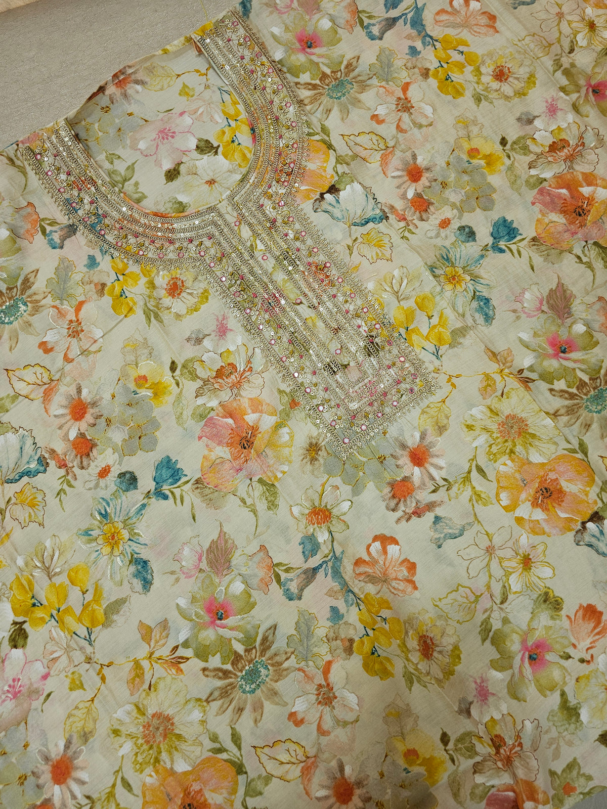 Modal Silk Unstitched Salwar Suit - Cream with Multi Shade Floral Prints