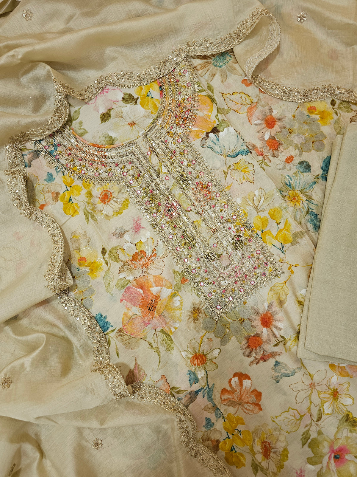Modal Silk Unstitched Salwar Suit - Cream with Multi Shade Floral Prints