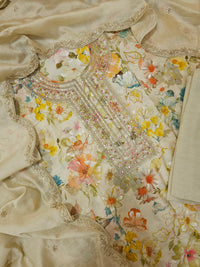 Modal Silk Unstitched Salwar Suit - Cream with Multi Shade Floral Prints