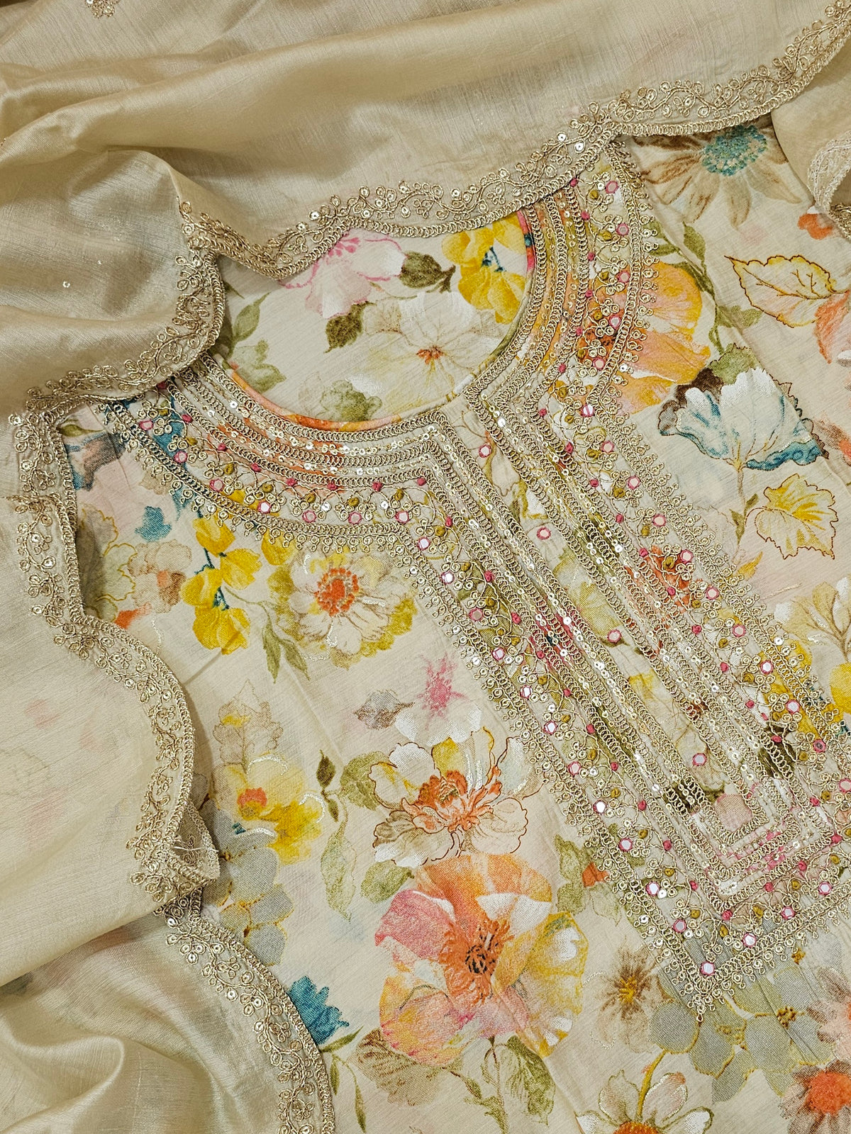 Modal Silk Unstitched Salwar Suit - Cream with Multi Shade Floral Prints