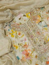 Modal Silk Unstitched Salwar Suit - Cream with Multi Shade Floral Prints