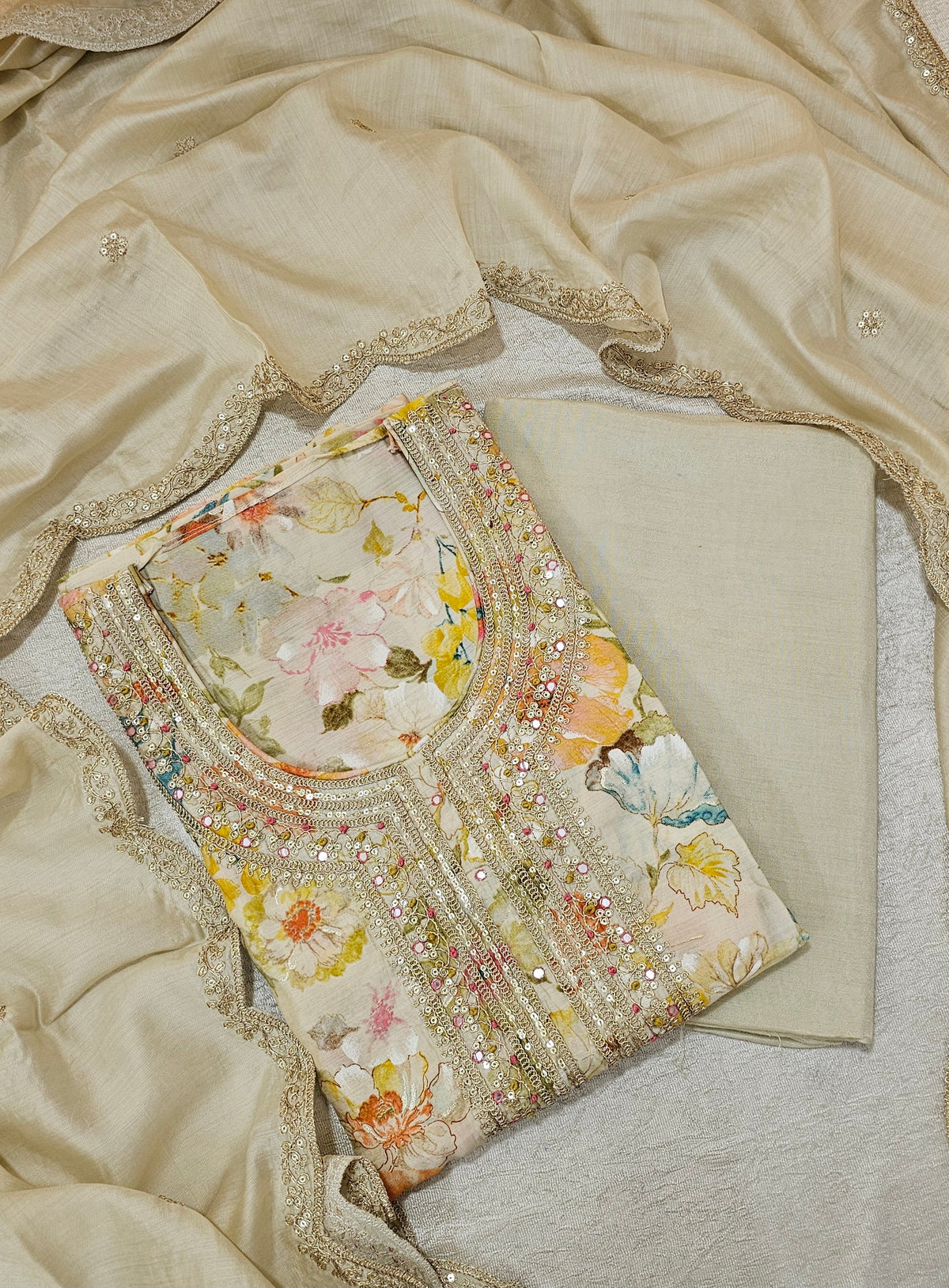Modal Silk Unstitched Salwar Suit - Cream with Multi Shade Floral Prints