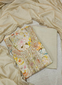 Modal Silk Unstitched Salwar Suit - Cream with Multi Shade Floral Prints