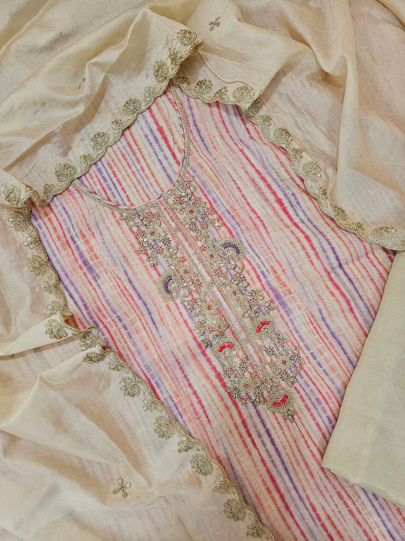 Modal Silk Unstitched Salwar Suit - Pinkish Red with Violet Combo