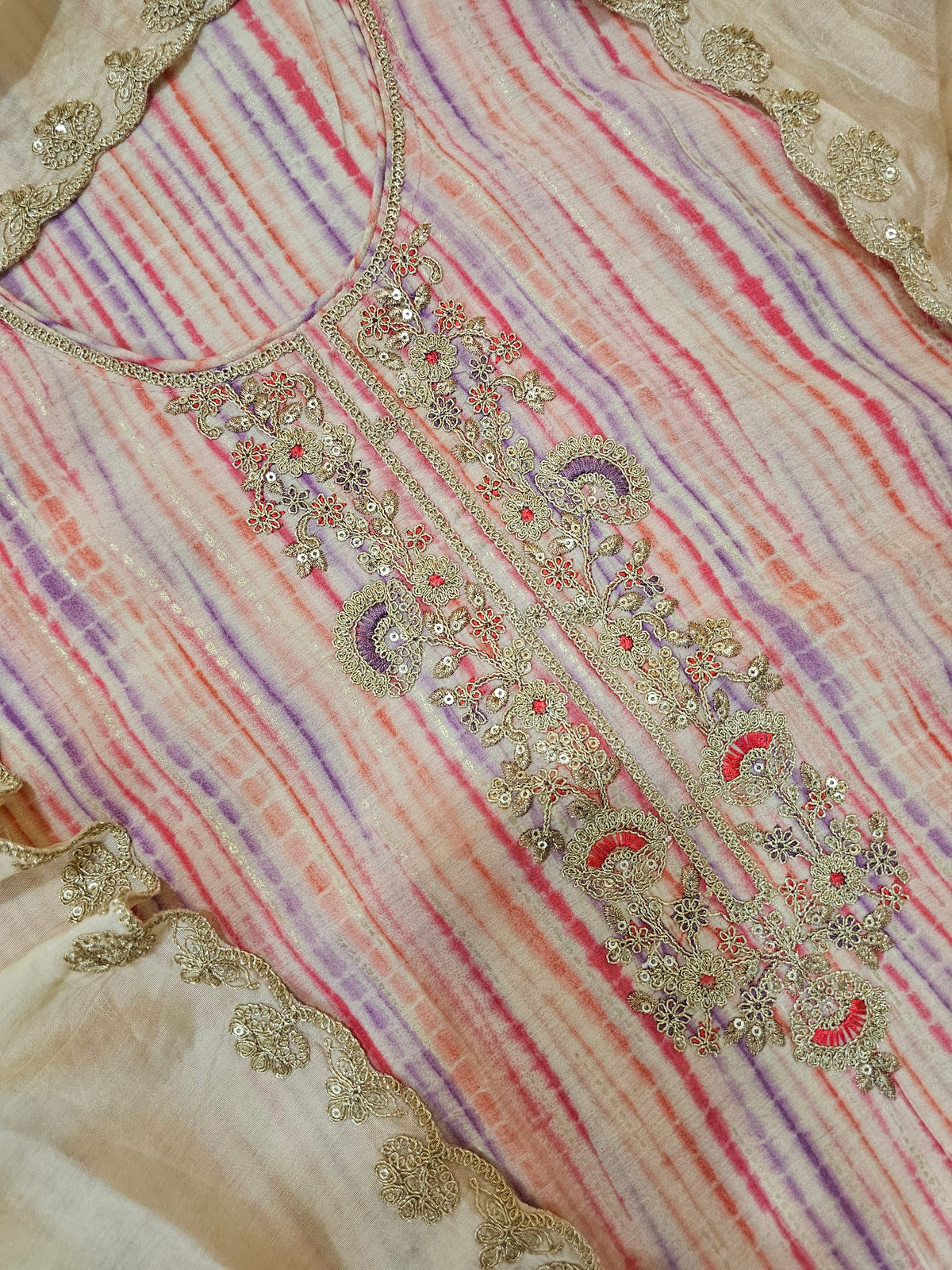 Modal Silk Unstitched Salwar Suit - Pinkish Red with Violet Combo