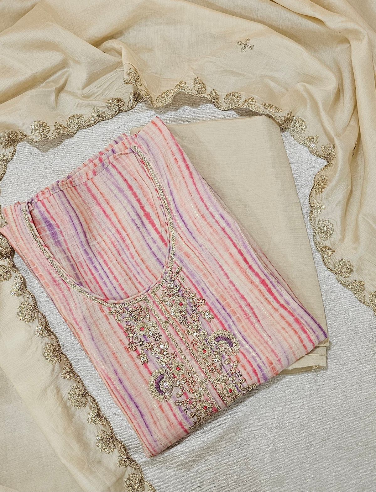 Modal Silk Unstitched Salwar Suit - Pinkish Red with Violet Combo