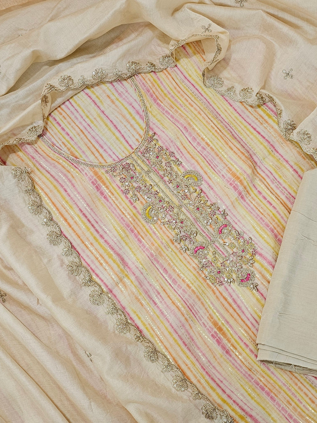 Modal Silk Unstitched Salwar Suit - Yellow and Pink Combo