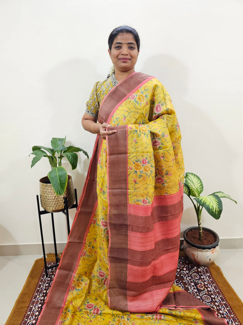 Yellow with Peach Tussar Silk Saree with Zari Border