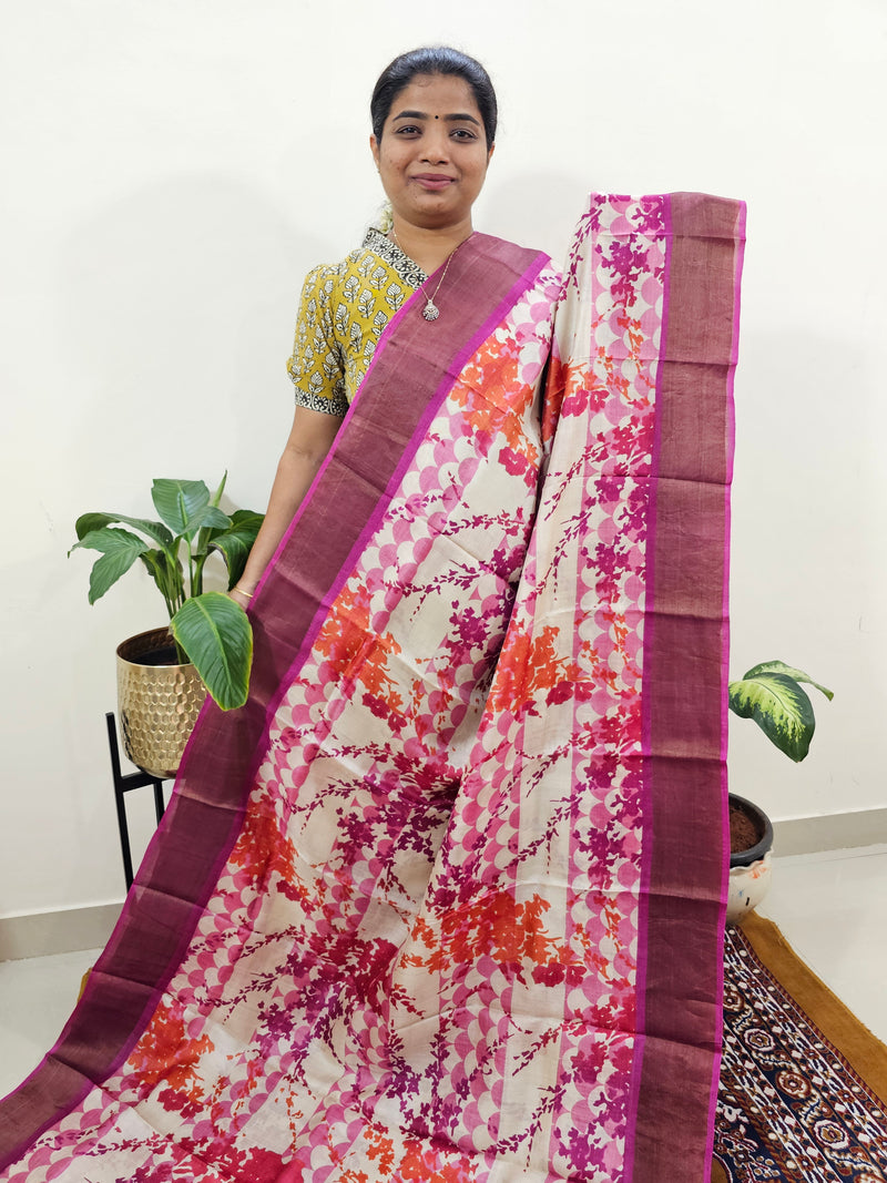 Cream with Pink Tussar Silk Saree with Zari Border