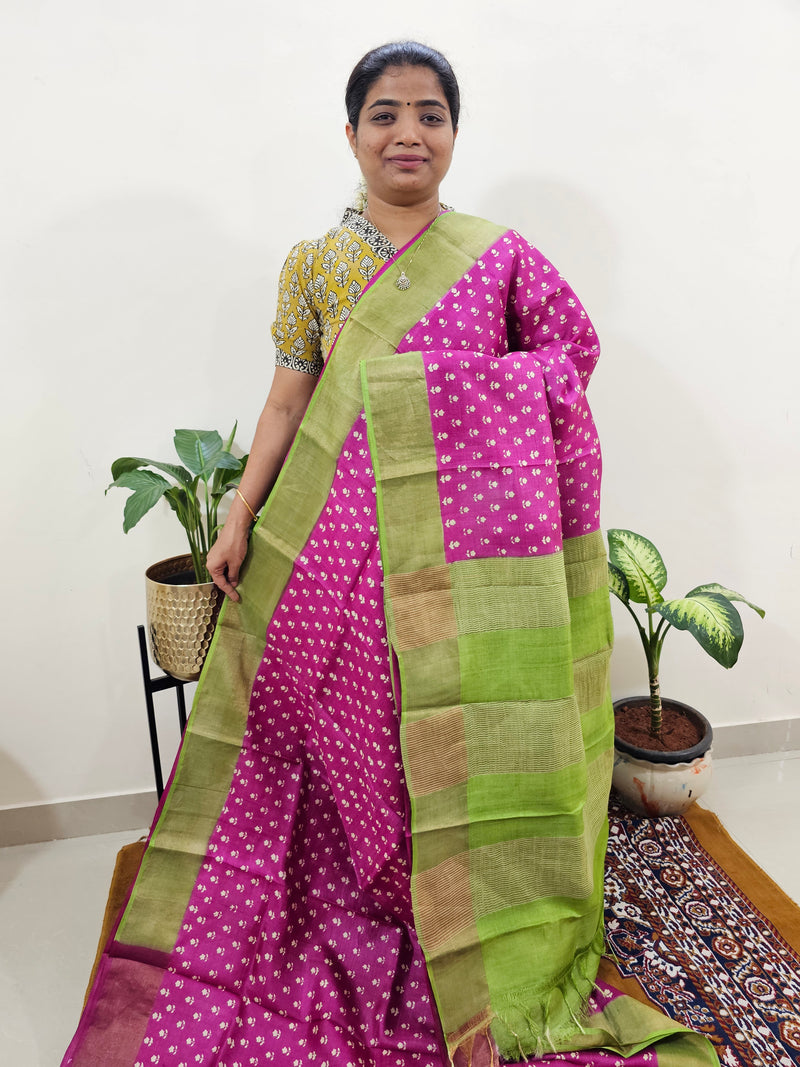 Pink with Green Tussar Silk Saree with Zari Border