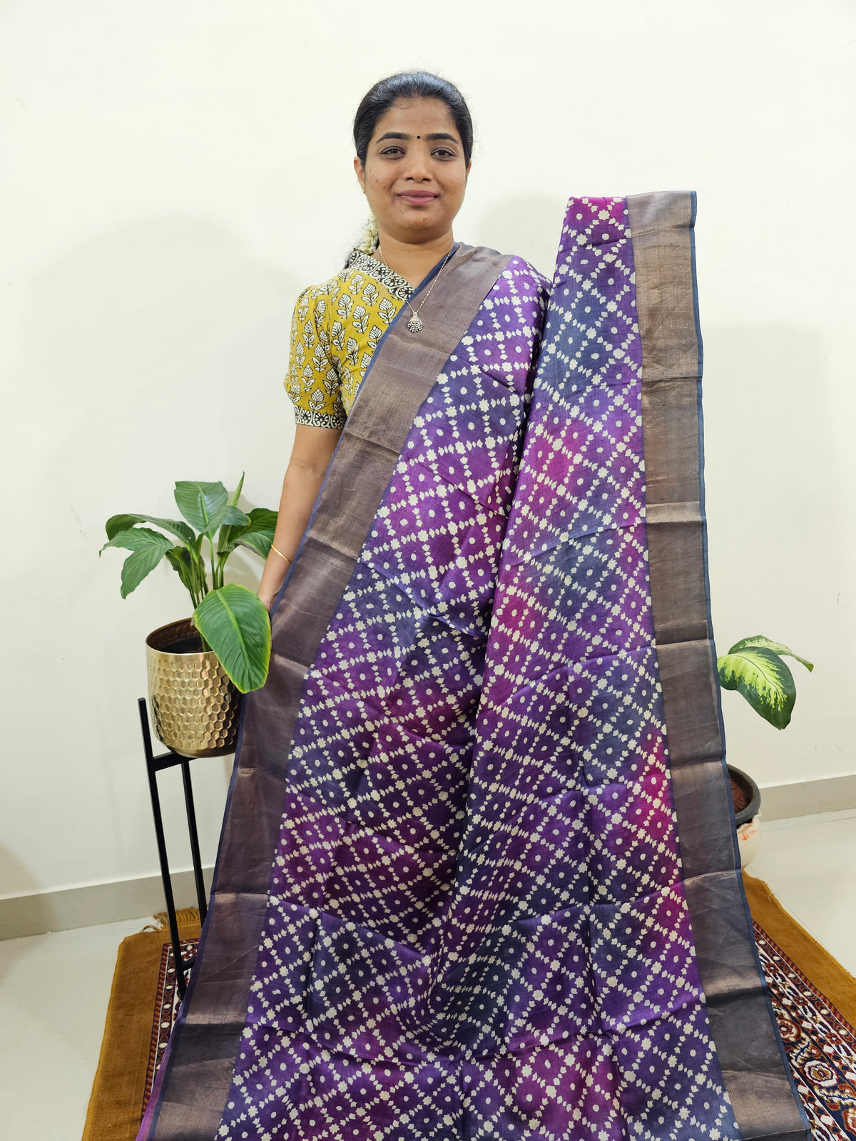 Purple with Grey Tussar Silk Saree with Zari Border