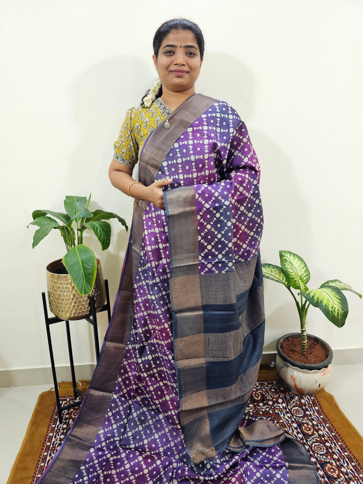 Purple with Grey Tussar Silk Saree with Zari Border