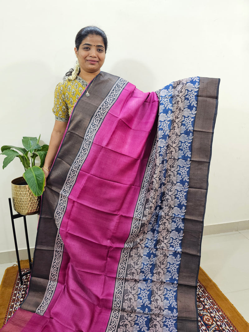 Pink with Grey Tussar Silk Saree with Zari Border