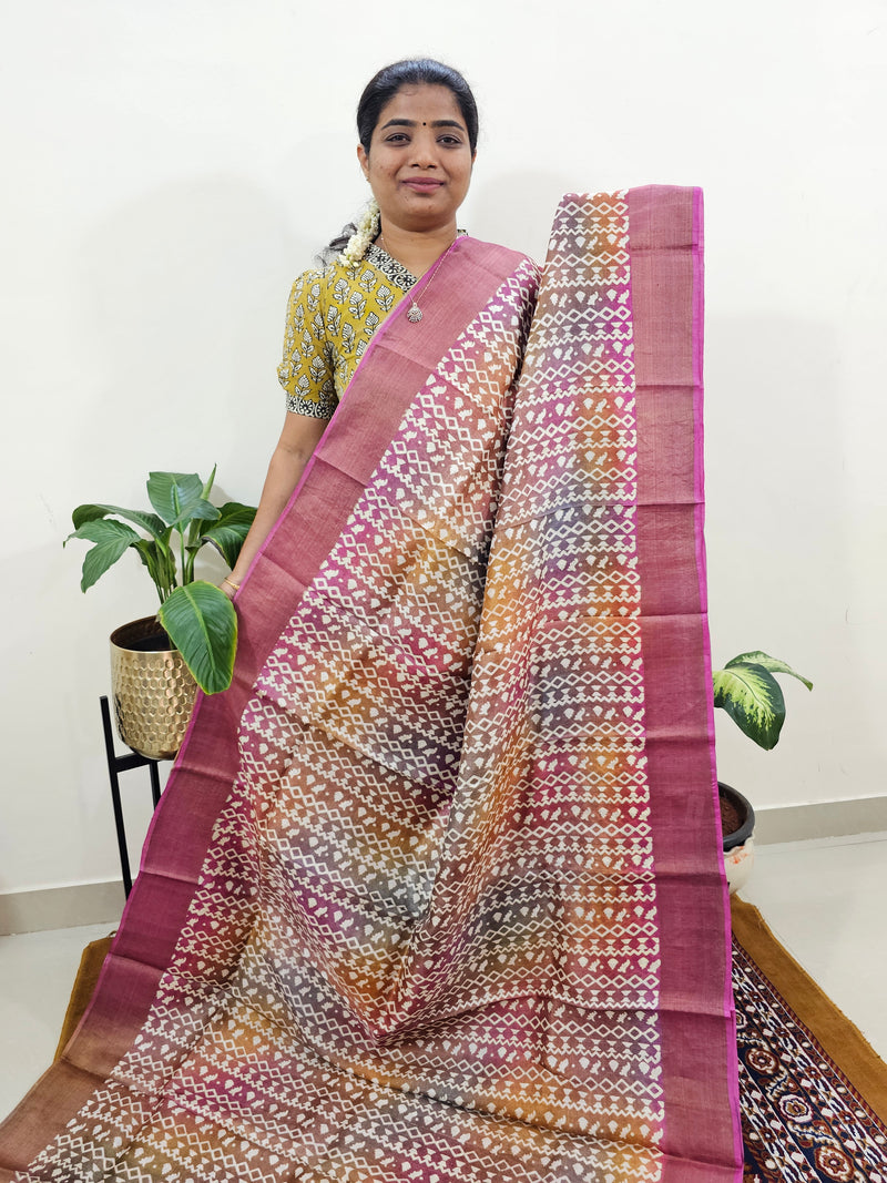 Multi Shade with Pink Tussar Silk Saree with Zari Border