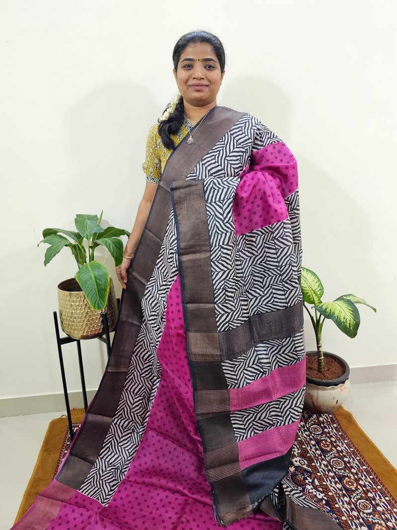 Pink with Grey Tussar Silk Saree with Zari Border