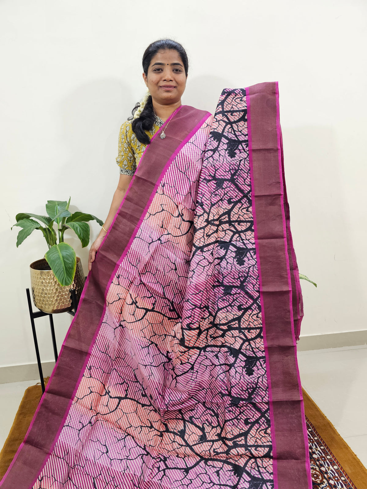 Multi Shade with Pink Tussar Silk Saree with Zari Border