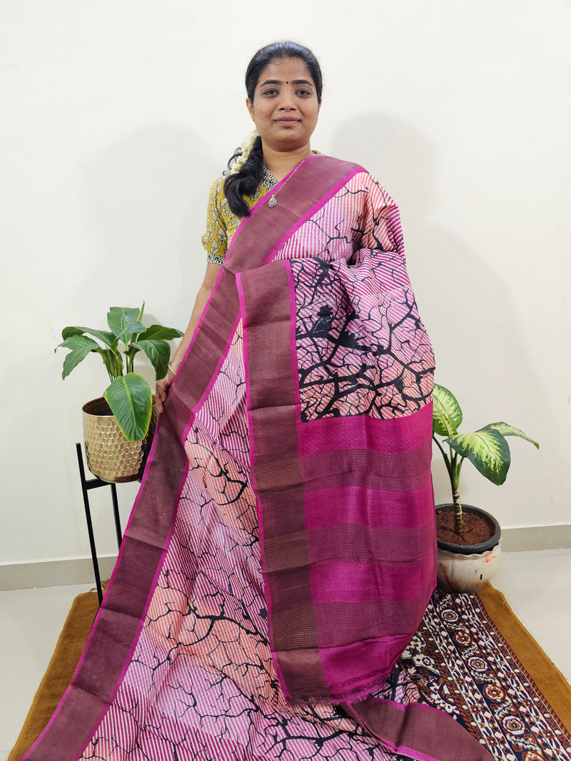 Multi Shade with Pink Tussar Silk Saree with Zari Border