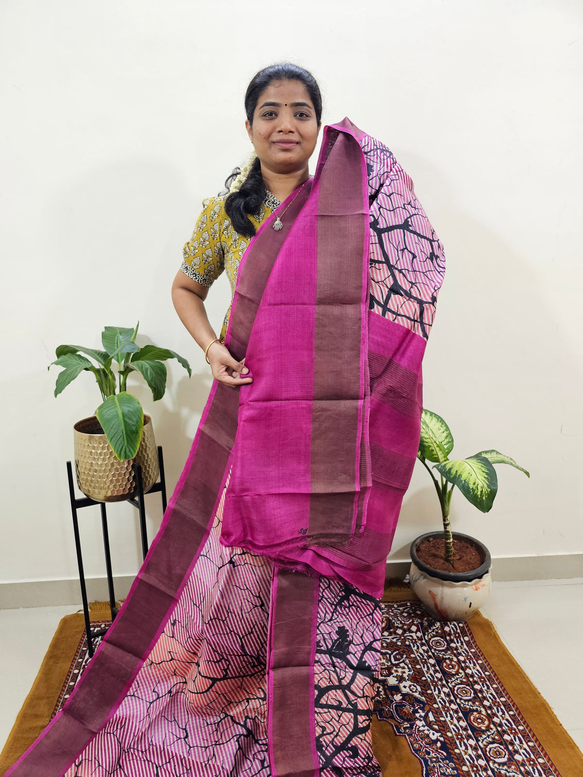 Multi Shade with Pink Tussar Silk Saree with Zari Border
