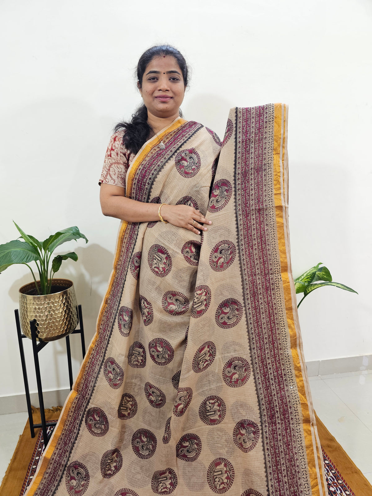 Kota Cotton with Kalamkari Printed Saree - Maroon
