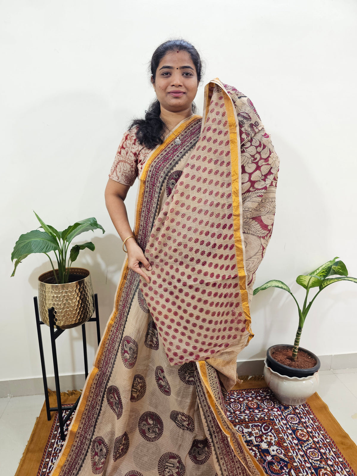 Kota Cotton with Kalamkari Printed Saree - Maroon