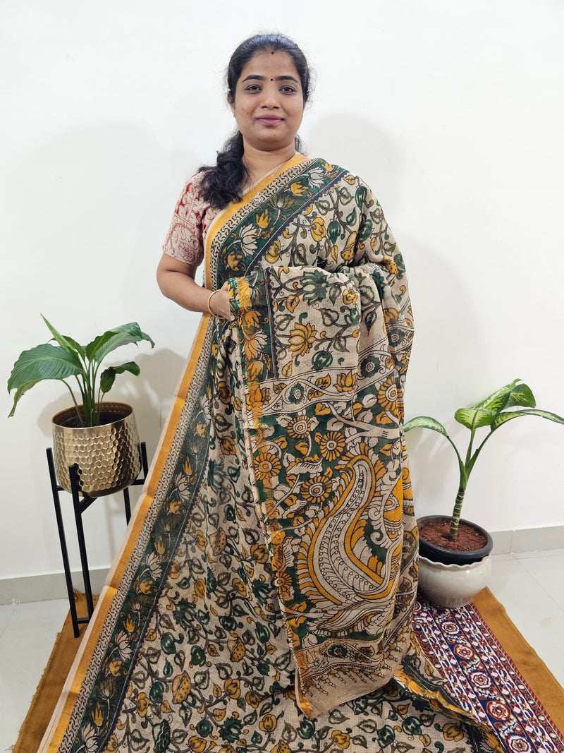 Kota Cotton with Kalamkari Printed Saree - Green with Yellow
