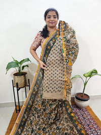 Kota Cotton with Kalamkari Printed Saree - Green with Yellow