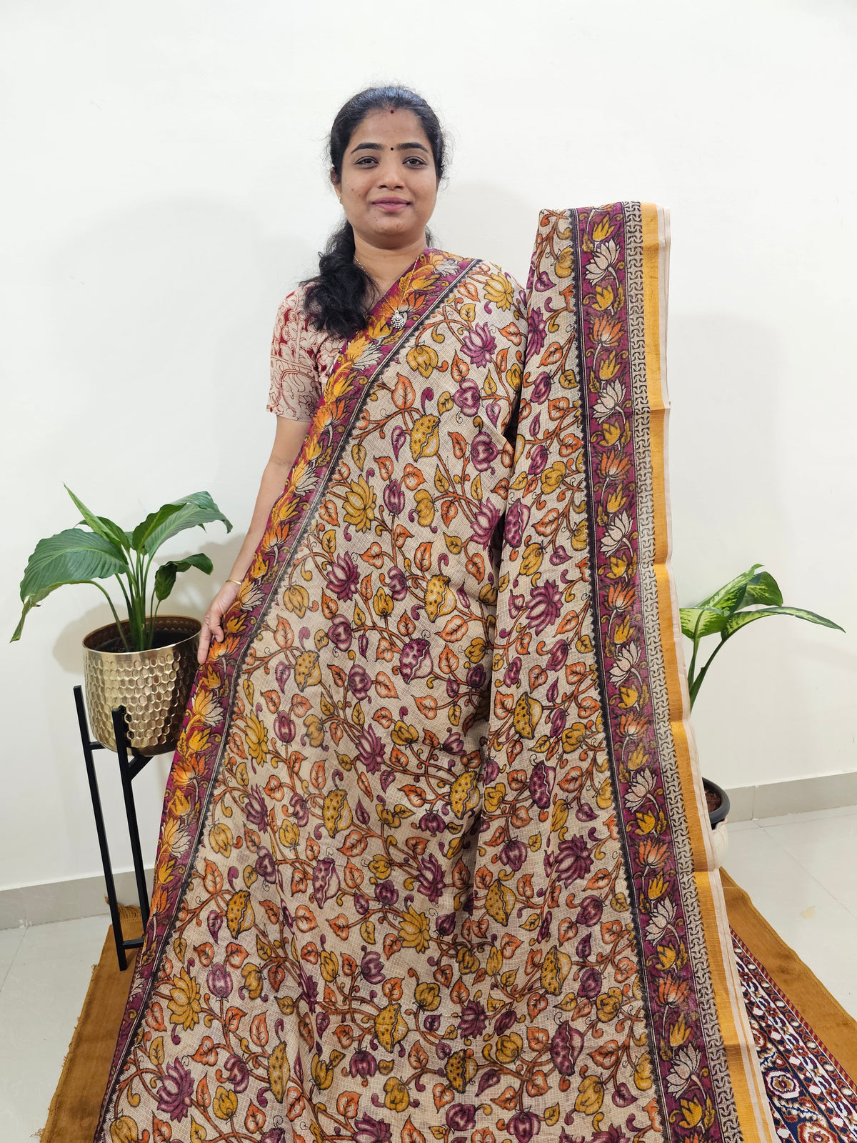 Kota Cotton with Kalamkari Printed Saree - Pink with Yellow