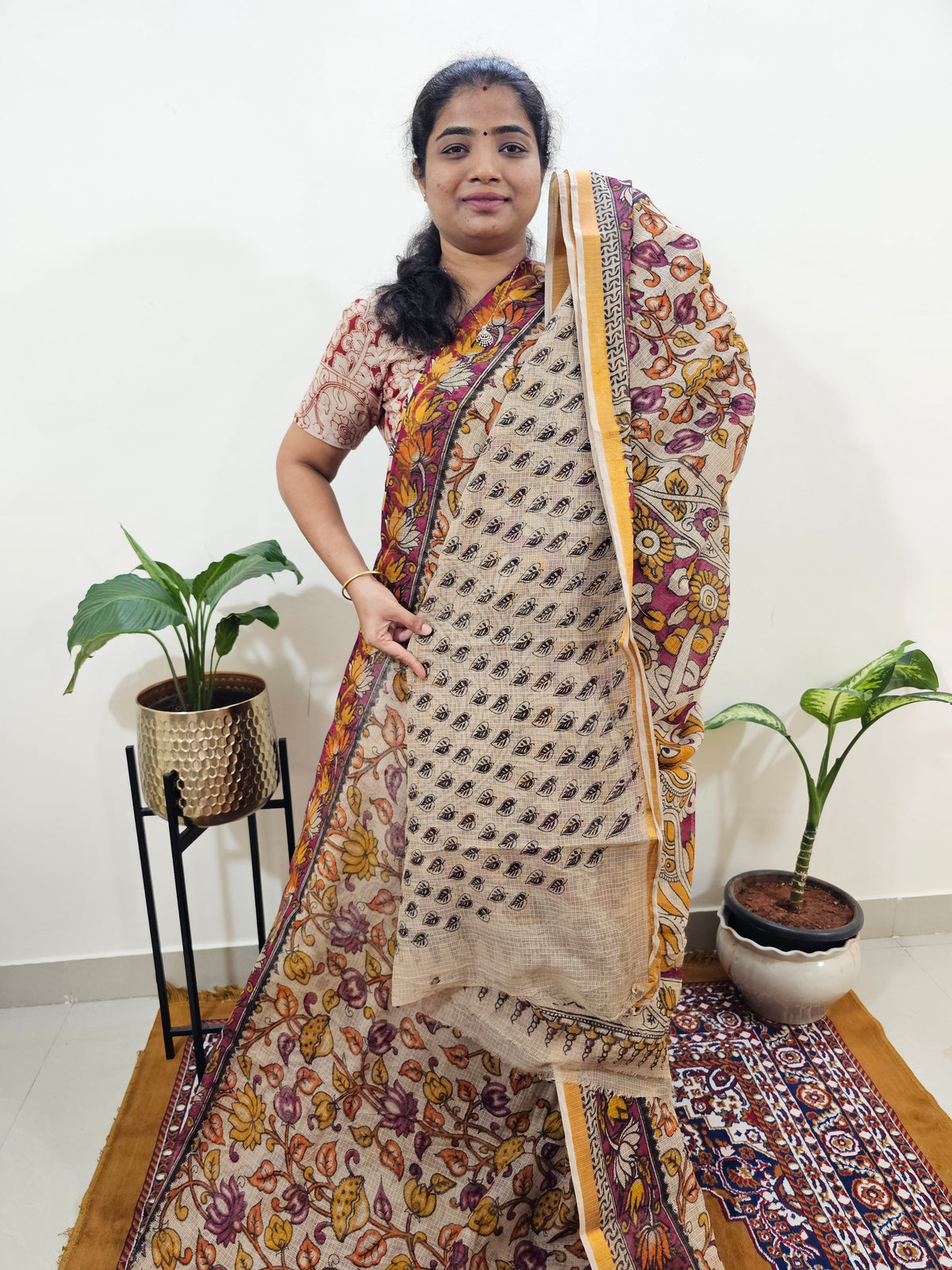 Kota Cotton with Kalamkari Printed Saree - Pink with Yellow