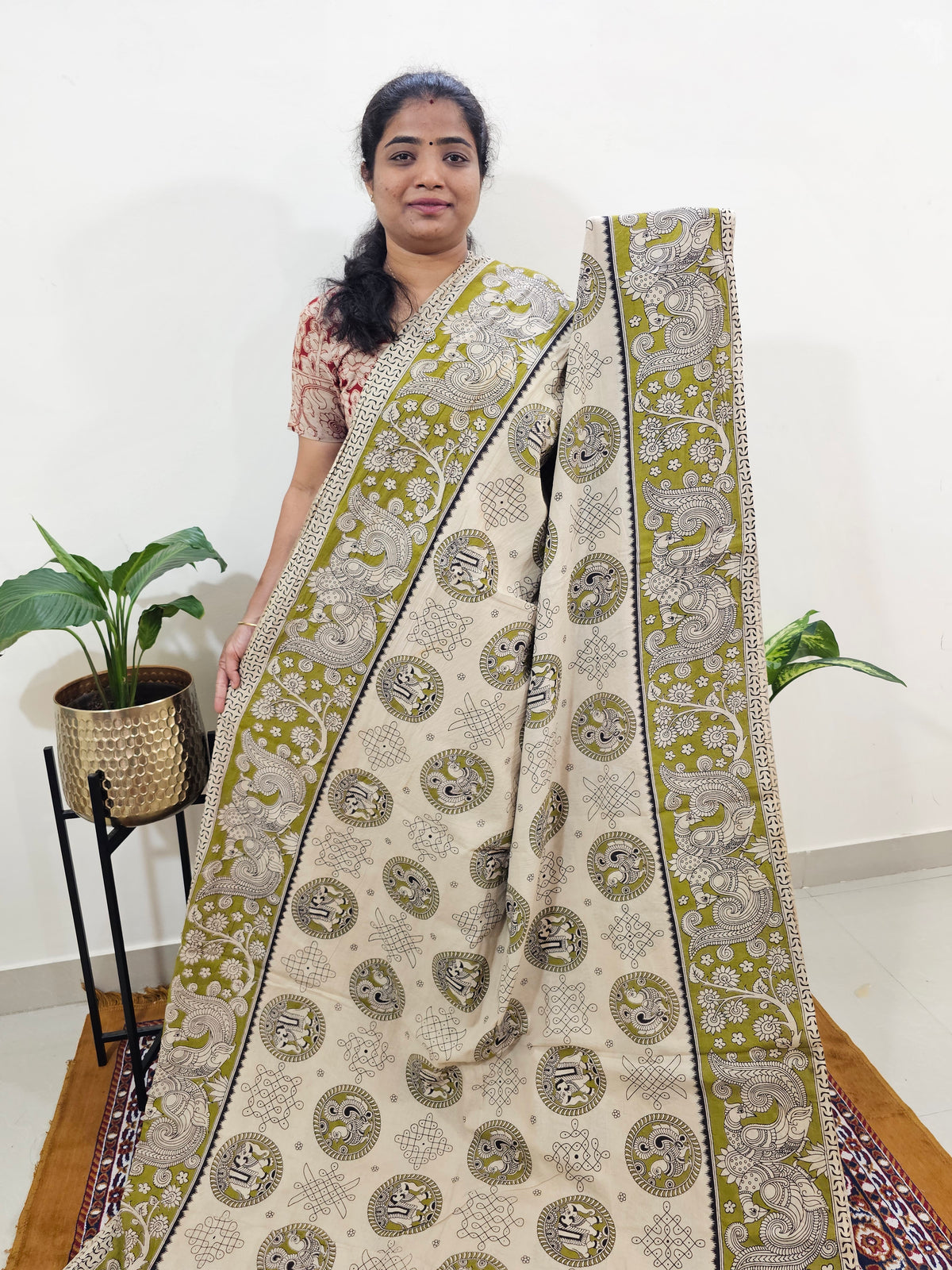 Cotton Kalamkari Saree - Cream with Mehndi Green