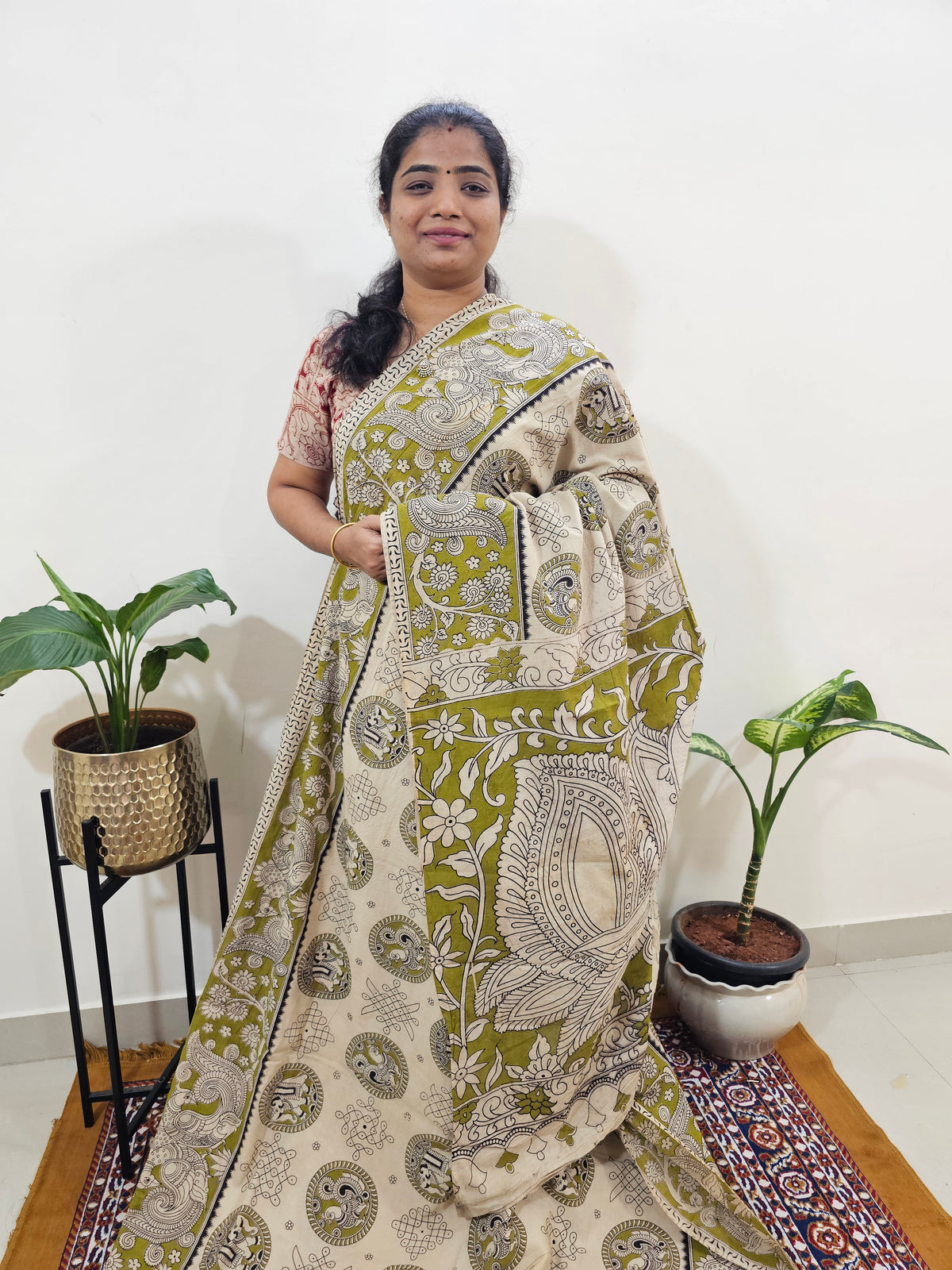 Cotton Kalamkari Saree - Cream with Mehndi Green