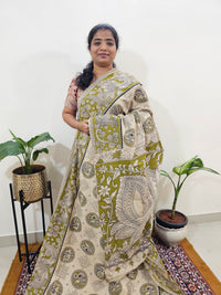 Cotton Kalamkari Saree - Cream with Mehndi Green
