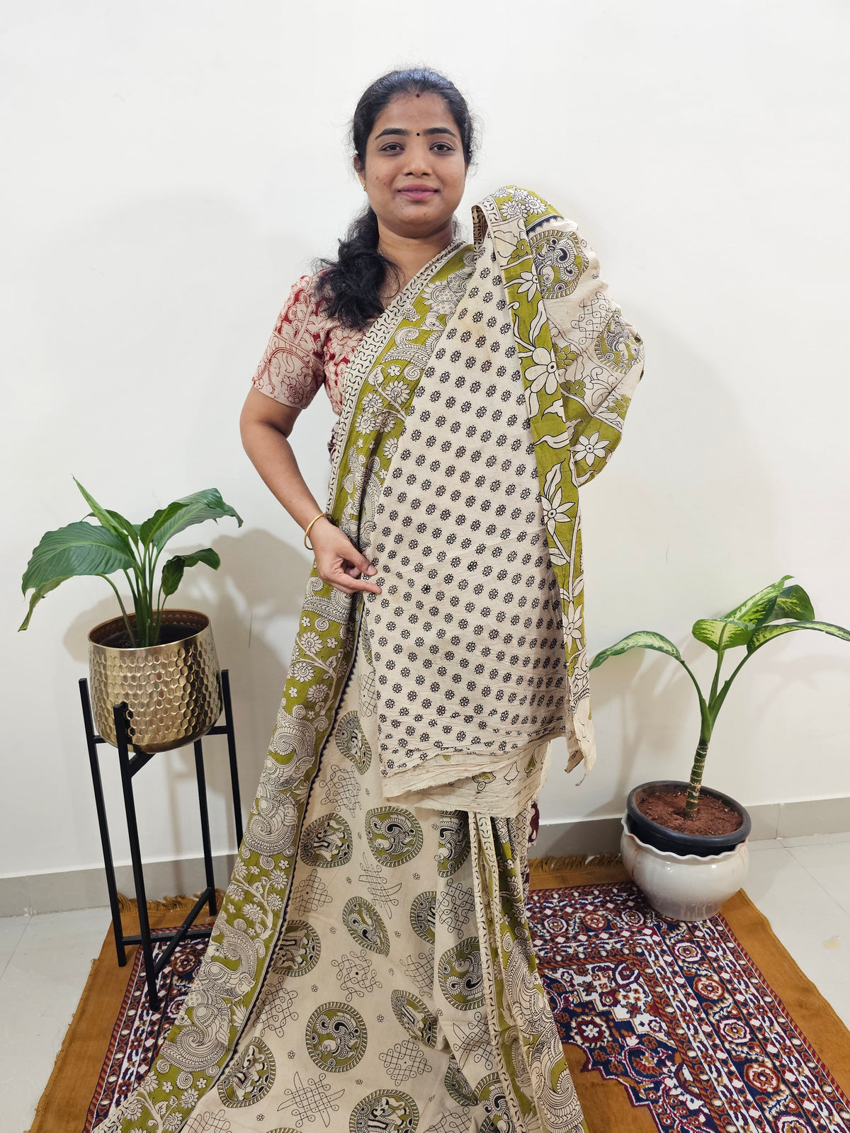 Cotton Kalamkari Saree - Cream with Mehndi Green