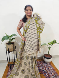 Cotton Kalamkari Saree - Cream with Mehndi Green