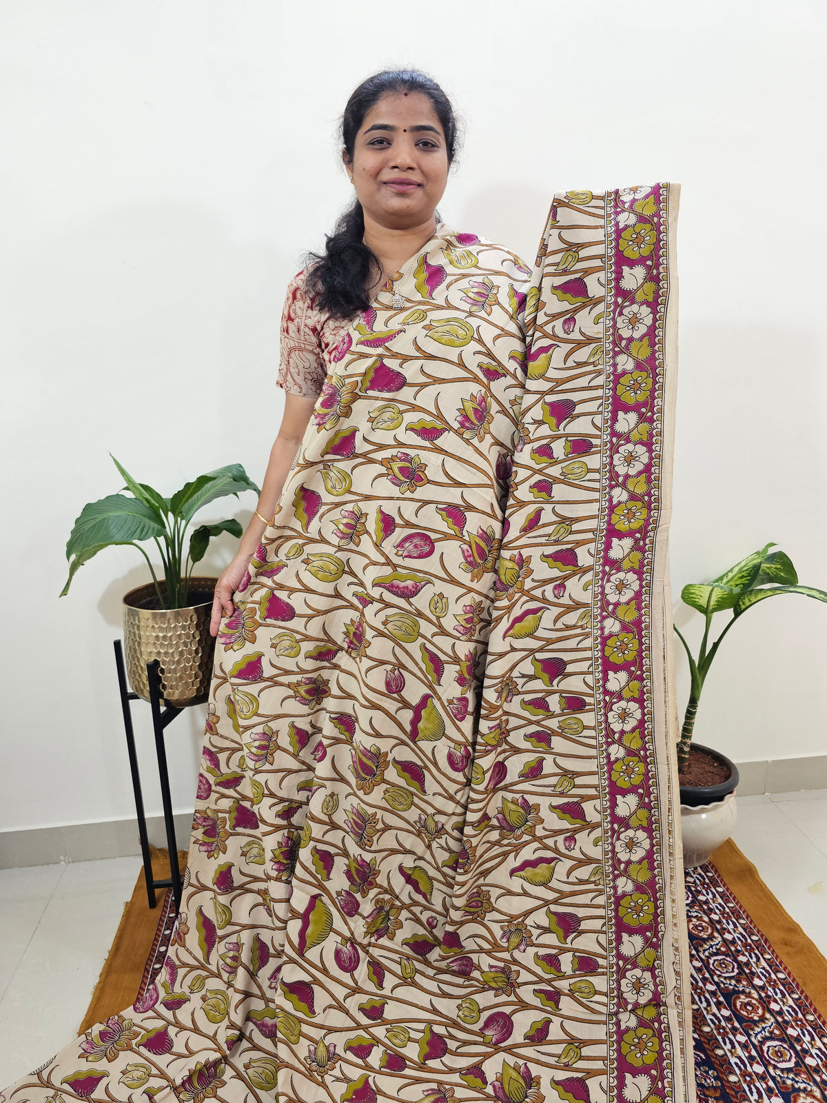 Cotton Kalamkari Saree - Pink with Brown