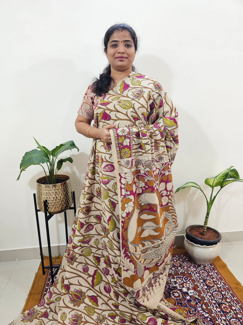Cotton Kalamkari Saree - Pink with Brown