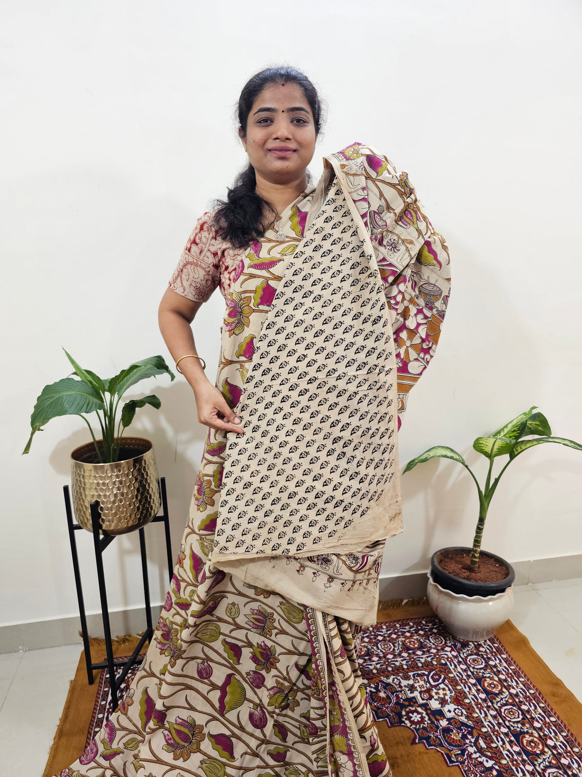 Cotton Kalamkari Saree - Pink with Brown