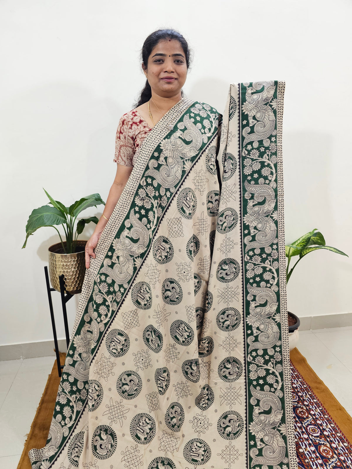 Cotton Kalamkari Saree - Cream with Green