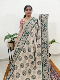 Cotton Kalamkari Saree - Cream with Green