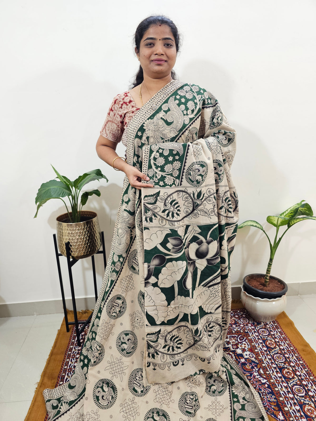Cotton Kalamkari Saree - Cream with Green