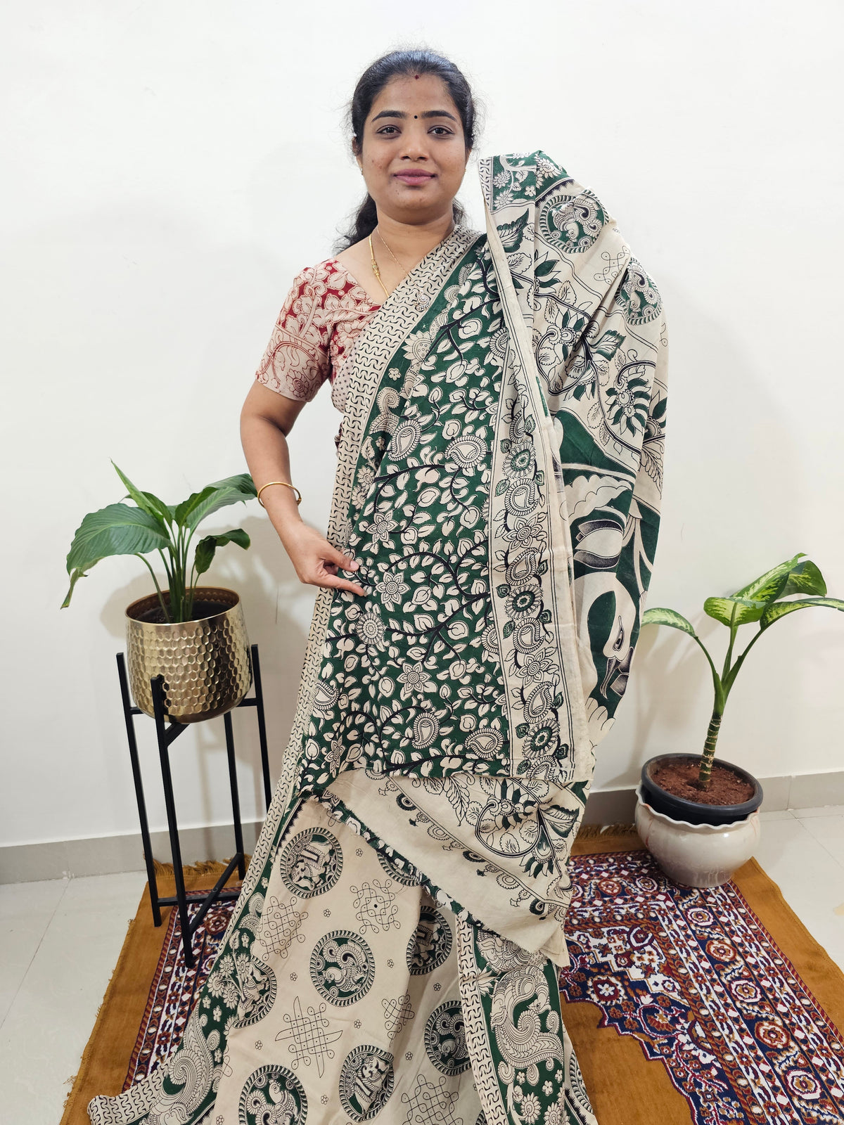 Cotton Kalamkari Saree - Cream with Green