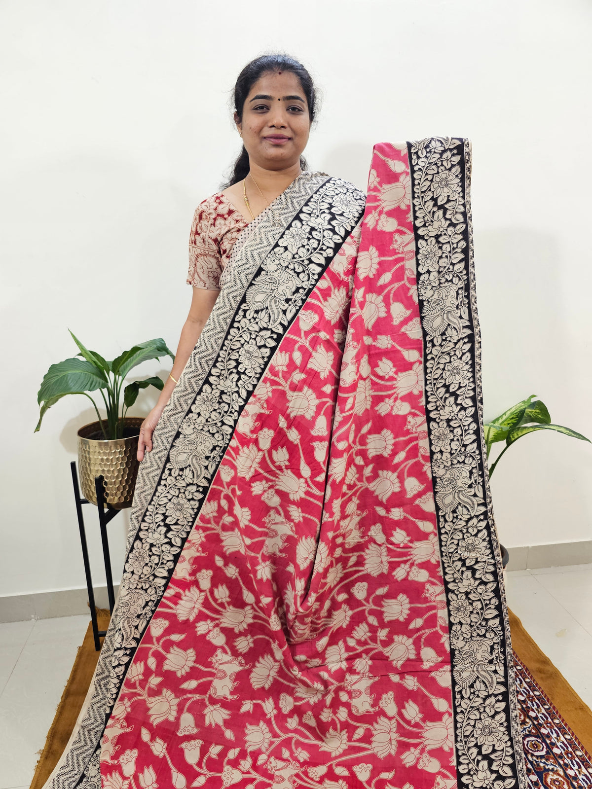 Cotton Kalamkari Saree - Pink with Black