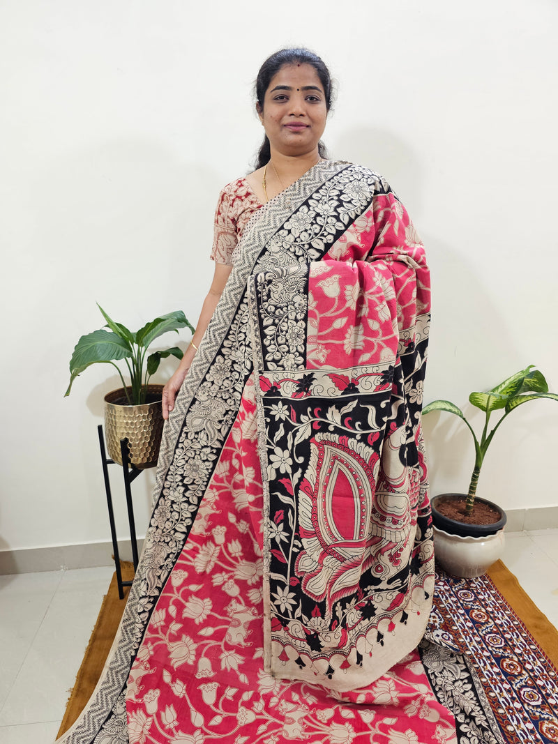 Cotton Kalamkari Saree - Pink with Black