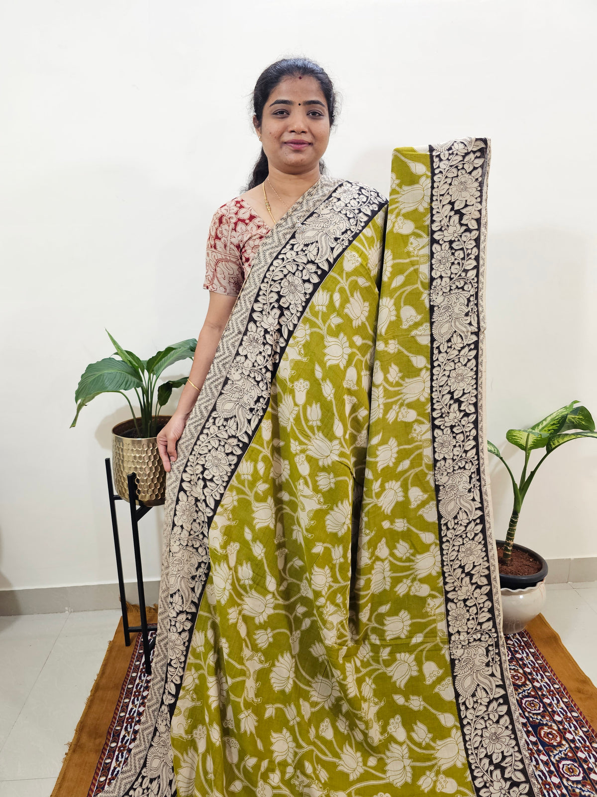 Cotton Kalamkari Saree - Green with Black