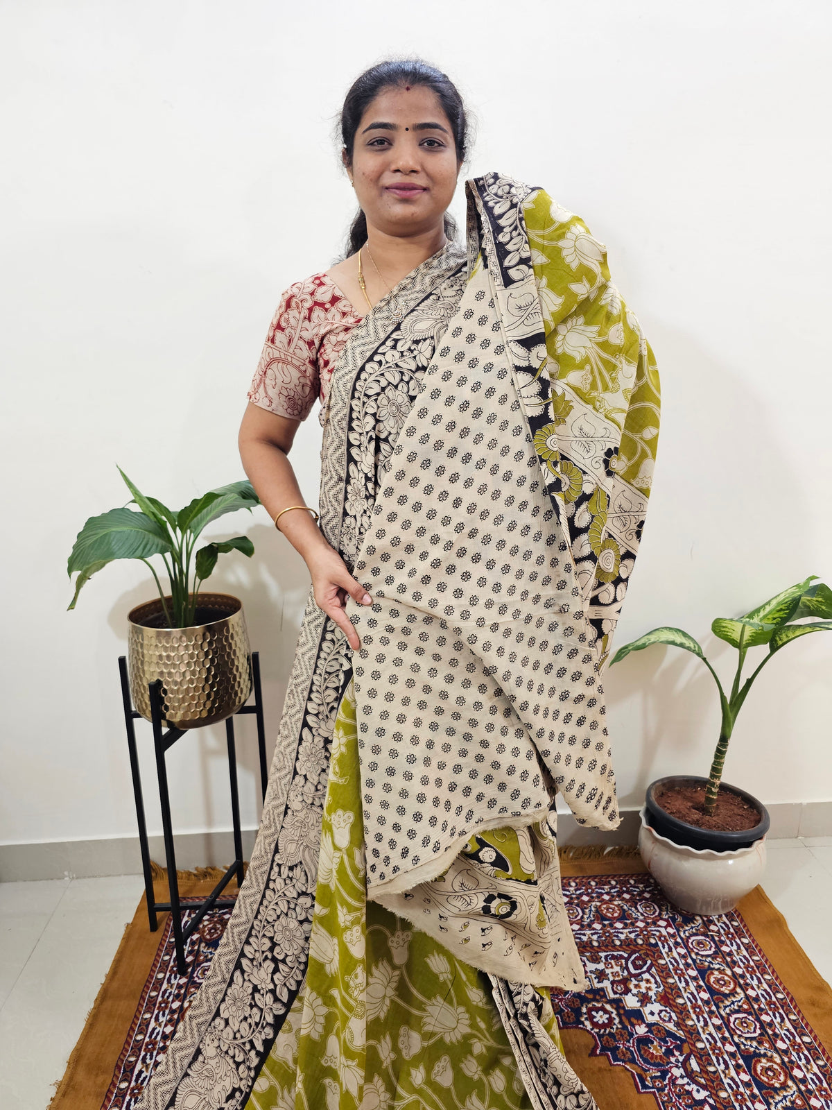 Cotton Kalamkari Saree - Green with Black